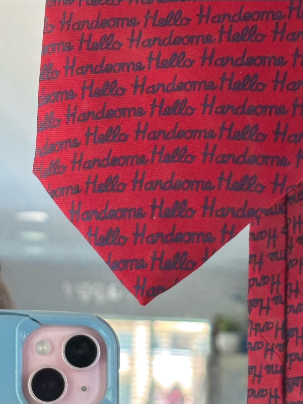 100% Silk “HELLO HANDSOME” Red w/Blue Lettering Backwards for Self Confidence